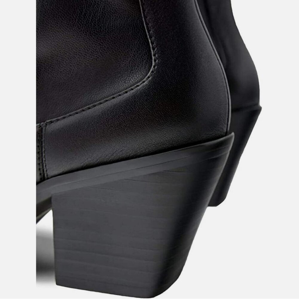 Zara Black Leather Cowboy Heel Ankle Boots Square Toe - Picture 4 of 7